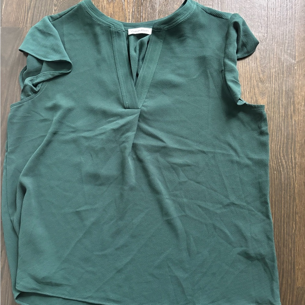 Calvin Klein Green Cap Sleeve Mandarin Collar Blouse